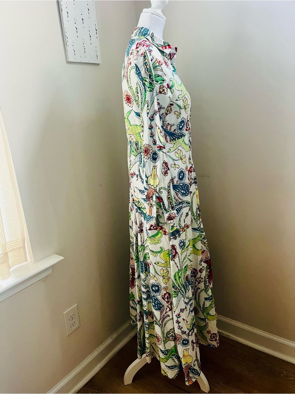 LIVRO Floral& Bird Print Button-Front Maxi Dress, fully lined with pockets; XS - Picture 10 of 11